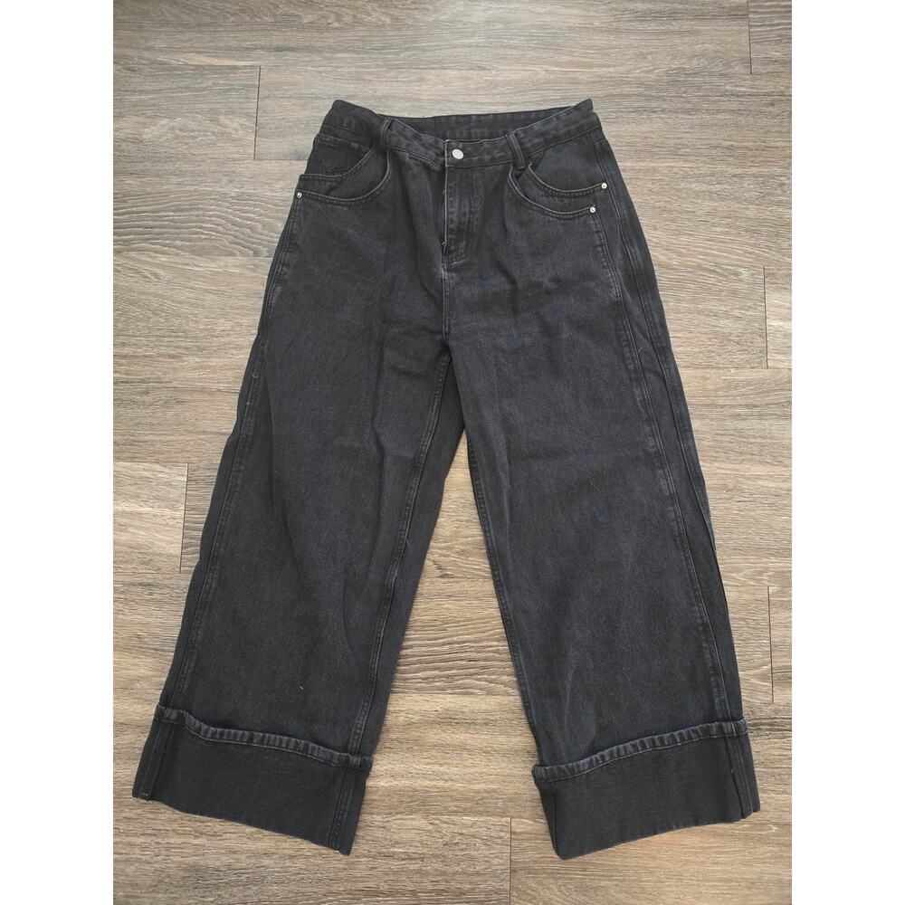 Black Wide Leg Cropped Barrel Jeans Size L High Rise Cuffed Denim Minimal Street